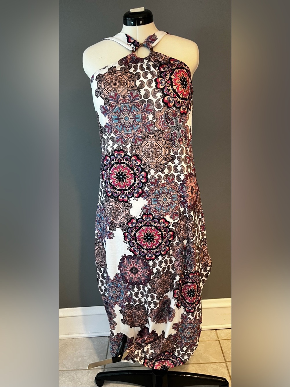 Boho Medallion Maxi Dress in White, Pink & Blue